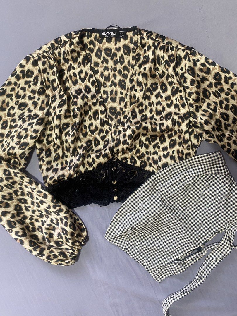 Cropped top set (Category: Blouses) located in Angeles City. Submitted by katsukei (Listing ID 1465647737, Image 1). Description: Nasty Gal leopard print long sleeve top - satin like fabric - never been worn Gingham tube top - has an anti slip silicone strip - like new Both fits XS to S .