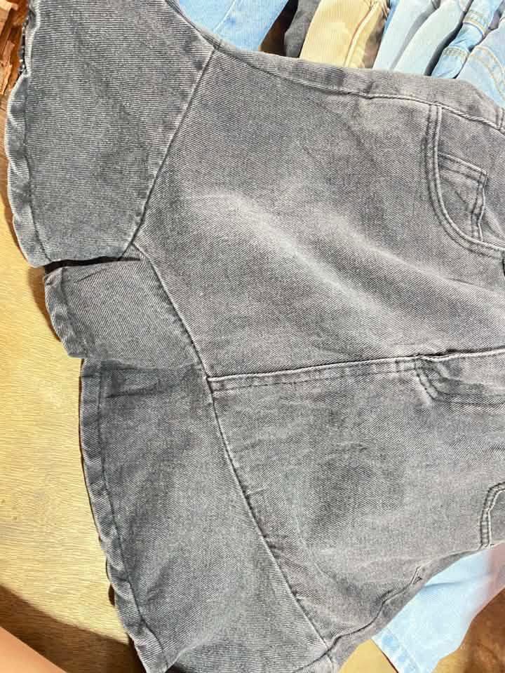 Dark Grey Denim Ruffle Skirt (Category: Skirts) located in Manila. Submitted by lucky_jinky (Listing ID 1465629971, Image 3). Description: W:26-28 L:16 - Color/Wash: Dark grey denim - Design: Flared hem with front and back pockets - Closure: Front button and zip - Size: Fits waist 26 to 28 inches - Style: Casual and easy to match with tees or knit tops.