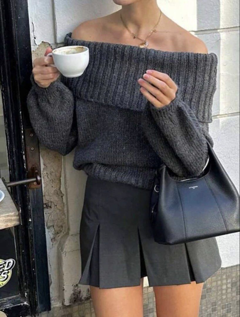 Dark Grey Off-Shoulder Knit Sweater (Category: Longsleeves) located in Manila. Submitted by janiniii (Listing ID 1465657773, Image 1). Description: bought for 799 pesos. size M but it’s kinda big padin. like oversize. .