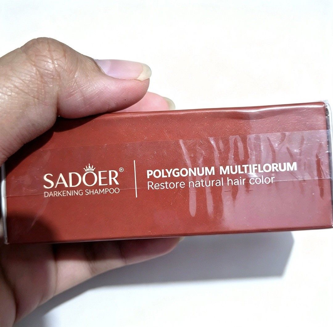 Darkening Shampoo Polygonum Multiflorum (Category: Hair) located in Quezon City. Submitted by ana-chan (Listing ID 1465699819, Image 2). Description: Sadoer darkening shampoo bar infused with polygonum multiflorum. Anti hair loss repair formula. Helps reduce grey hair and restores natural hair color. Net weight 100g / 3.52oz. Expiry date stamped on box is 25.06.2028. Sealed in original plastic wrapper..