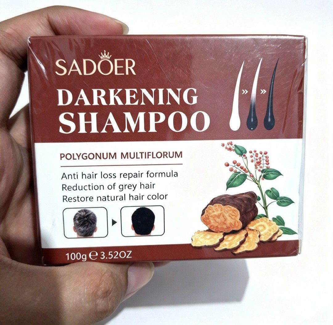 Darkening Shampoo Polygonum Multiflorum (Category: Hair) located in Quezon City. Submitted by ana-chan (Listing ID 1465699819, Image 1). Description: Sadoer darkening shampoo bar infused with polygonum multiflorum. Anti hair loss repair formula. Helps reduce grey hair and restores natural hair color. Net weight 100g / 3.52oz. Expiry date stamped on box is 25.06.2028. Sealed in original plastic wrapper..