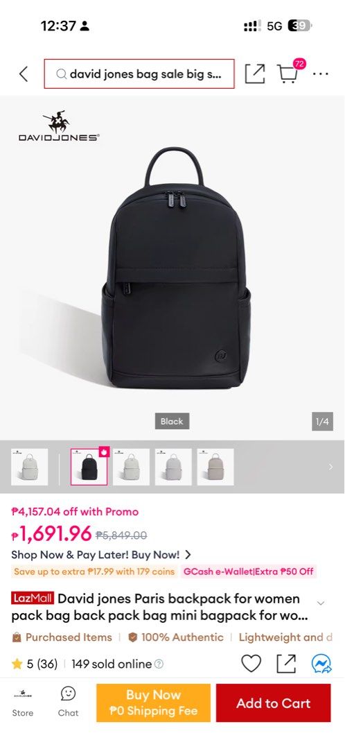 David Jones Paris Black Backpack (Category: Backpacks) located in Quezon City. Submitted by lil_preloooves (Listing ID 1465612971, Image 1). Description: David Jones Paris backpack in black. Compact size with front zipper pocket and side slots. Silver hardware with logo badge. Top carry handle and adjustable straps. Original tag still attached. Protective plastic wrapping still on the handle. RFS: Decluttering. To Small for me. Di nagagamit.