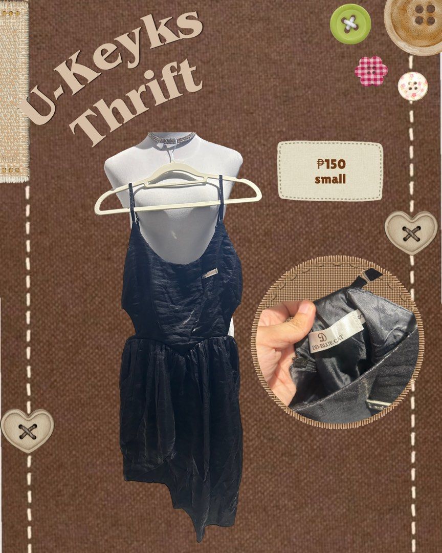 DD-Blue Cat Black Spaghetti Strap Dress Small (Category: Dresses) located in Cavite. Submitted by ukeyks (Listing ID 1465669015, Image 1). Description: - Brand: DD-Blue Cat - Size: Small (tag attached) - Color: Black - Design: Thin straps, low scoop neckline, fitted bodice, and asymmetrical draped skirt - Fabric: Lightweight with a slight sheen .