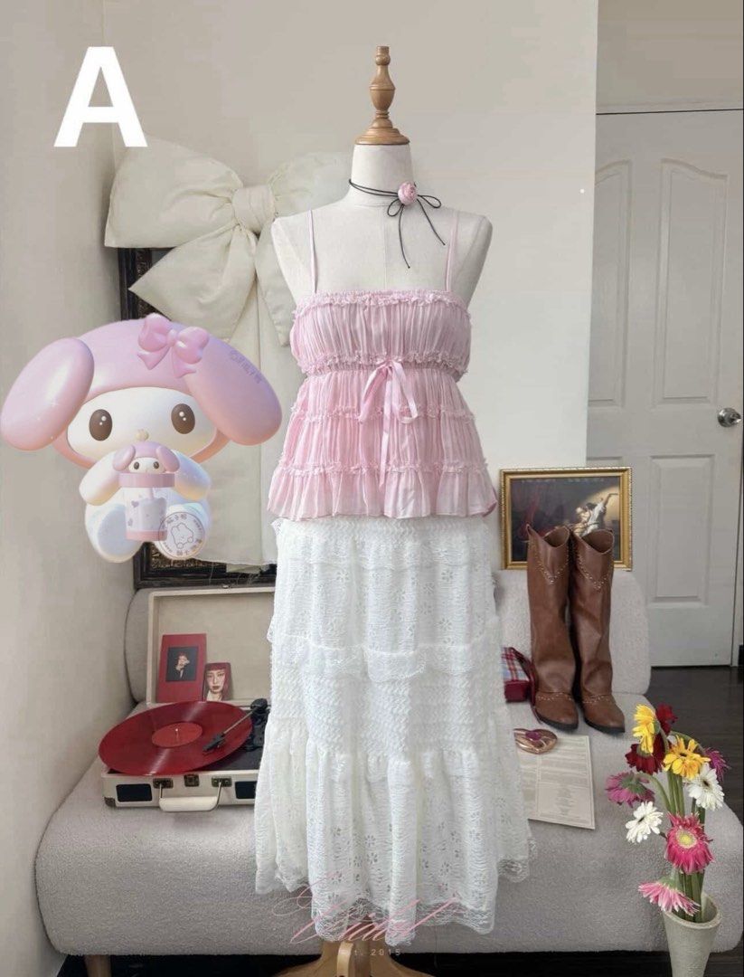 dear vidal pink ruffle top & white maxi skirt set (Category: Sleeveless) located in Quezon City. Submitted by coquettegirliepop (Listing ID 1465634379, Image 2). Description: sold as set only used once.