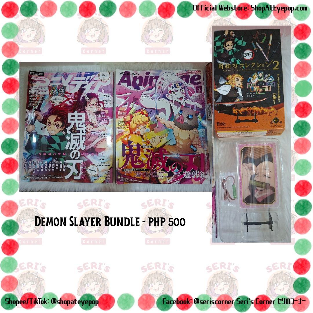 DEMON SLAYER BUNDLE - PHP 500 (Category: Character Goods) located in Las Pinas. Submitted by seriscorner (Listing ID 1465727953, Image 1). Description: DEMON SLAYER BUNDLE - PHP 500 1 Animedia magazine 1 Animage magazine 1 Nichirin Swords Collection vol 2 (Nezuko's bamboo muzzle item with collectible card) ------Courier: SPX Xpress (sf c/o buyer) We accept payments via BDO, Maribank, GoTyme, and GCash..