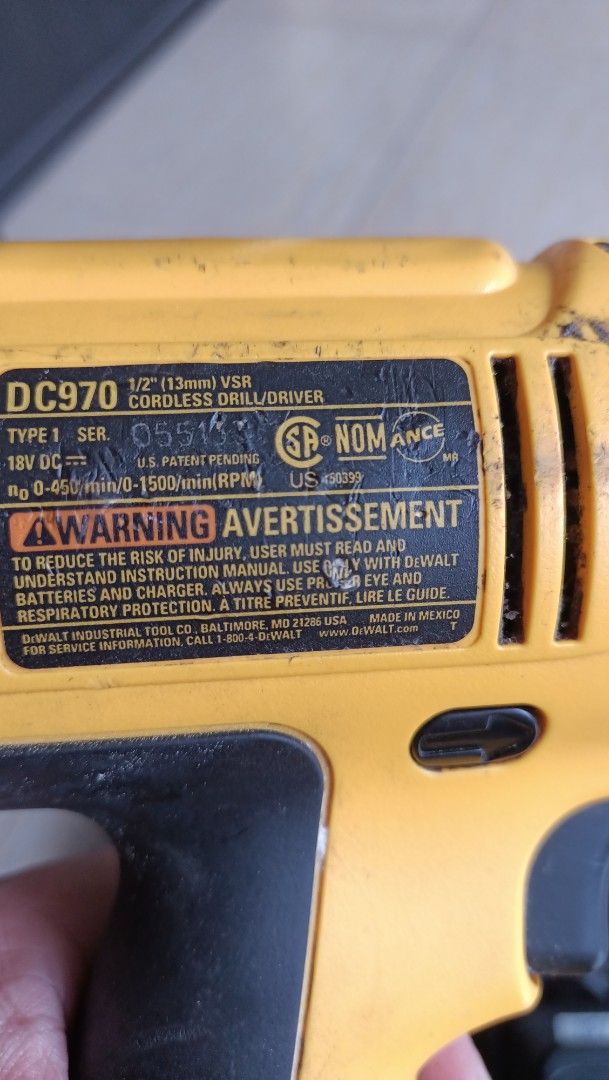 DeWalt DC970 18V Cordless Drill/Driver with Case and Charger (Category: Construction Tools & Equipment) located in Marikina City. Submitted by fericm (Listing ID 1465600929, Image 3). Description: - Model: DeWalt DC970 18V 1/2-inch VSR Cordless Drill Driver - Performance: Dual speed settings (0-450 and 0-1500 RPM) - Included: Original black carrying case, battery charger 110V, and extra battery pack - Condition: Fully functional, shows normal sig