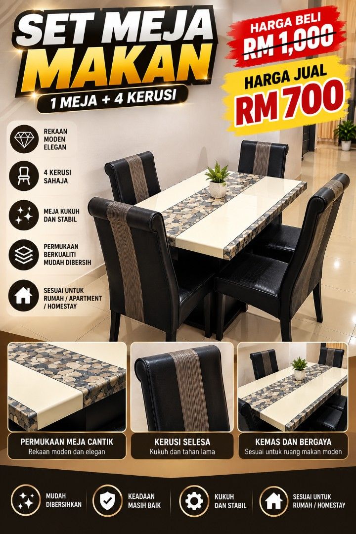 Dining Table (Category: Tables & Sets) located in Kluang. Submitted by qidzzz (Listing ID 1465608228, Image 1). Description: DINING TABLE + 4 CHAIR BARU PAKAI SETAHUN LEBIH JUAL SBB NK PINDAH RUMAH HARGA BOLEH NEGO.