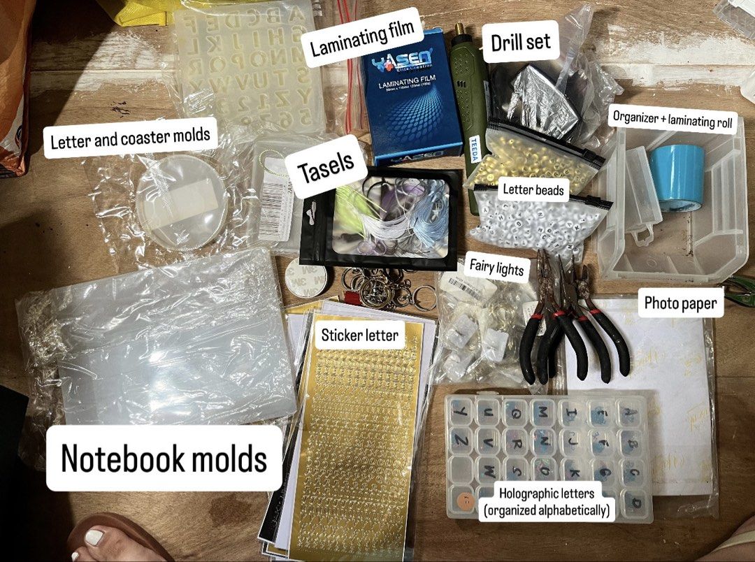 DIY Crafting Supplies Bundle with Molds Beads and Tools (Category: Craft Supplies & Tools) located in Taytay. Submitted by janellacel (Listing ID 1465716529, Image 1). Description: - Massive all-in-one crafting bundle for resin projects, jewelry making, and stationery - Molds & Tools: Silicone notebook & coaster molds, electric drill set, and pliers - Hardware & Accents: Tassels, keychains, fairy lights, and letter beads - Stickers & Letters: Mul