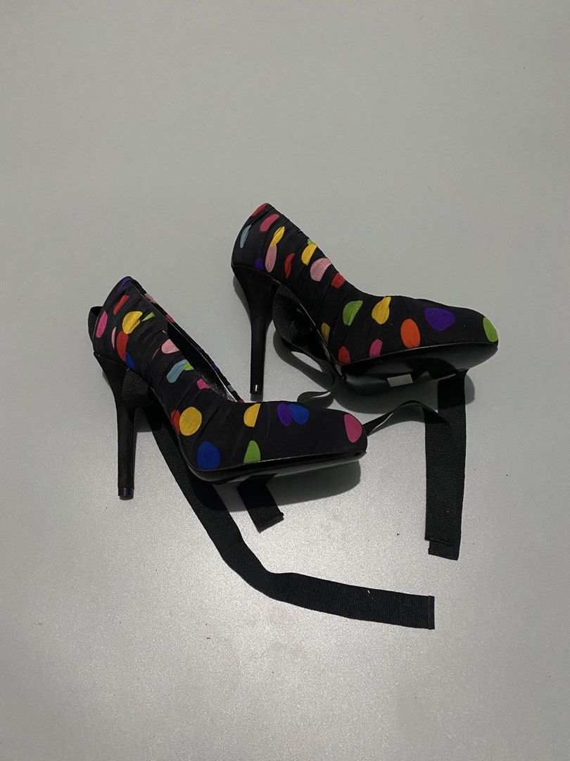 Dolce & Gabbana black fabric high heel pumps (Category: Sneakers & Footwear) located in Cebu City. Submitted by dfindss. (Listing ID 1465608979, Image 2). Description: D&G Dolce & Gabbana black fabric high heel pumps featuring a colorful multicolor polka dot pattern and ribbon tie details..