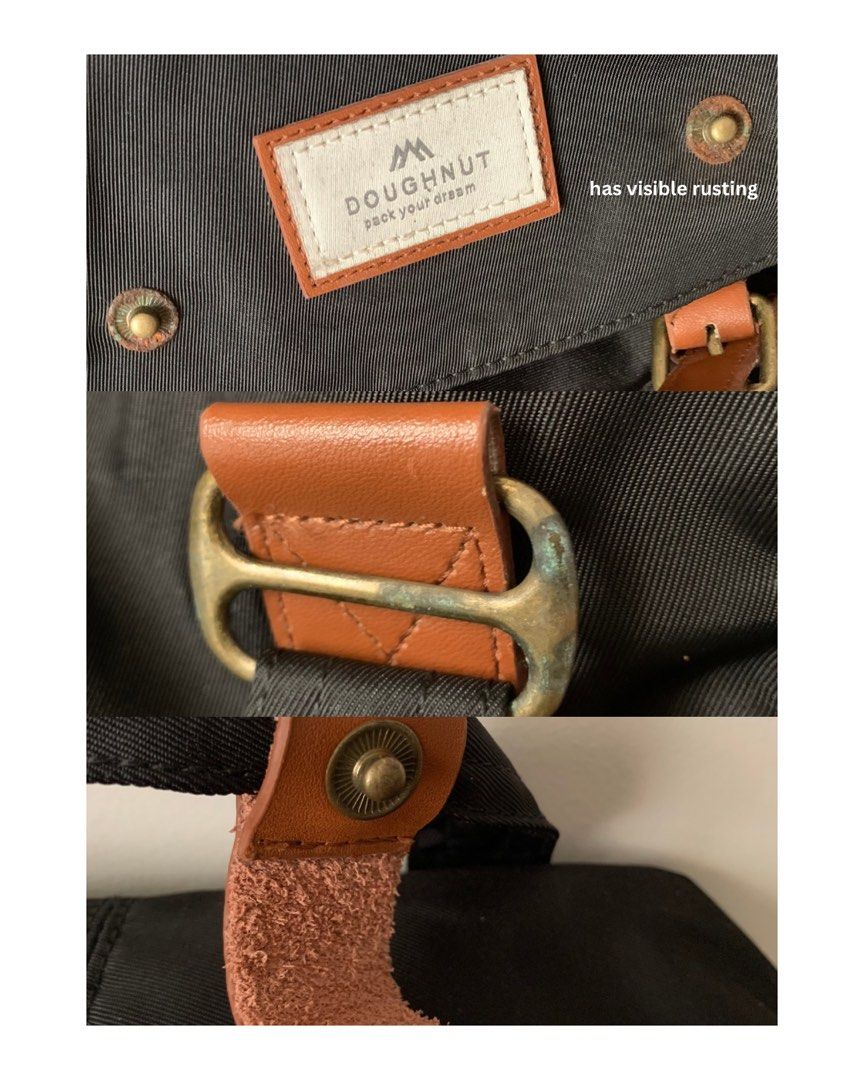 Doughnut Macaroon Backpack Classic Black Brown 16L (Category: Backpacks) located in Manila. Submitted by shopbyel_ (Listing ID 1465582015, Image 2). Description: - Brand/Model: Doughnut Macaroon Classic Backpack - Color: Black Brown - Capacity: 16L (Dimensions: 38x28x12cm) - Usage: Used for 6 months (Feb - July) - Interior: Clean with multiple storage pockets and compartments - Exterior Flaws: Visible rusting and green oxidation on metal buckles 