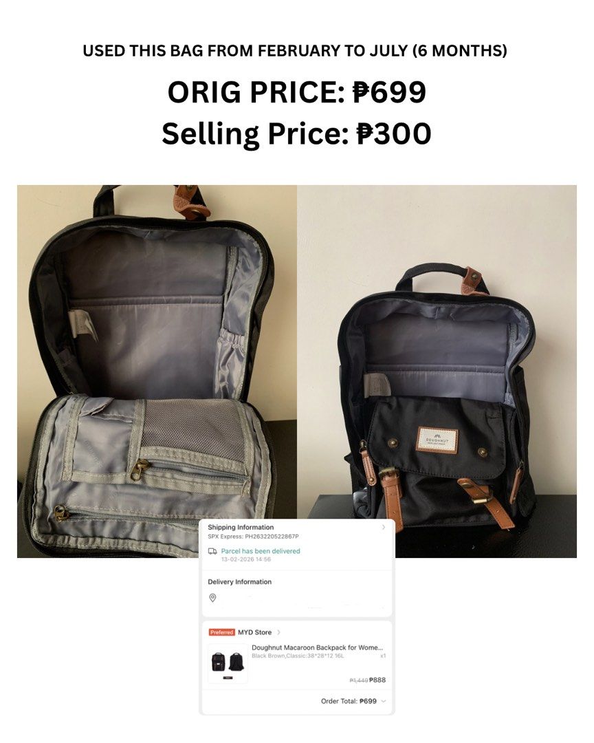 Doughnut Macaroon Backpack Classic Black Brown 16L (Category: Backpacks) located in Manila. Submitted by shopbyel_ (Listing ID 1465582015, Image 3). Description: - Brand/Model: Doughnut Macaroon Classic Backpack - Color: Black Brown - Capacity: 16L (Dimensions: 38x28x12cm) - Usage: Used for 6 months (Feb - July) - Interior: Clean with multiple storage pockets and compartments - Exterior Flaws: Visible rusting and green oxidation on metal buckles 