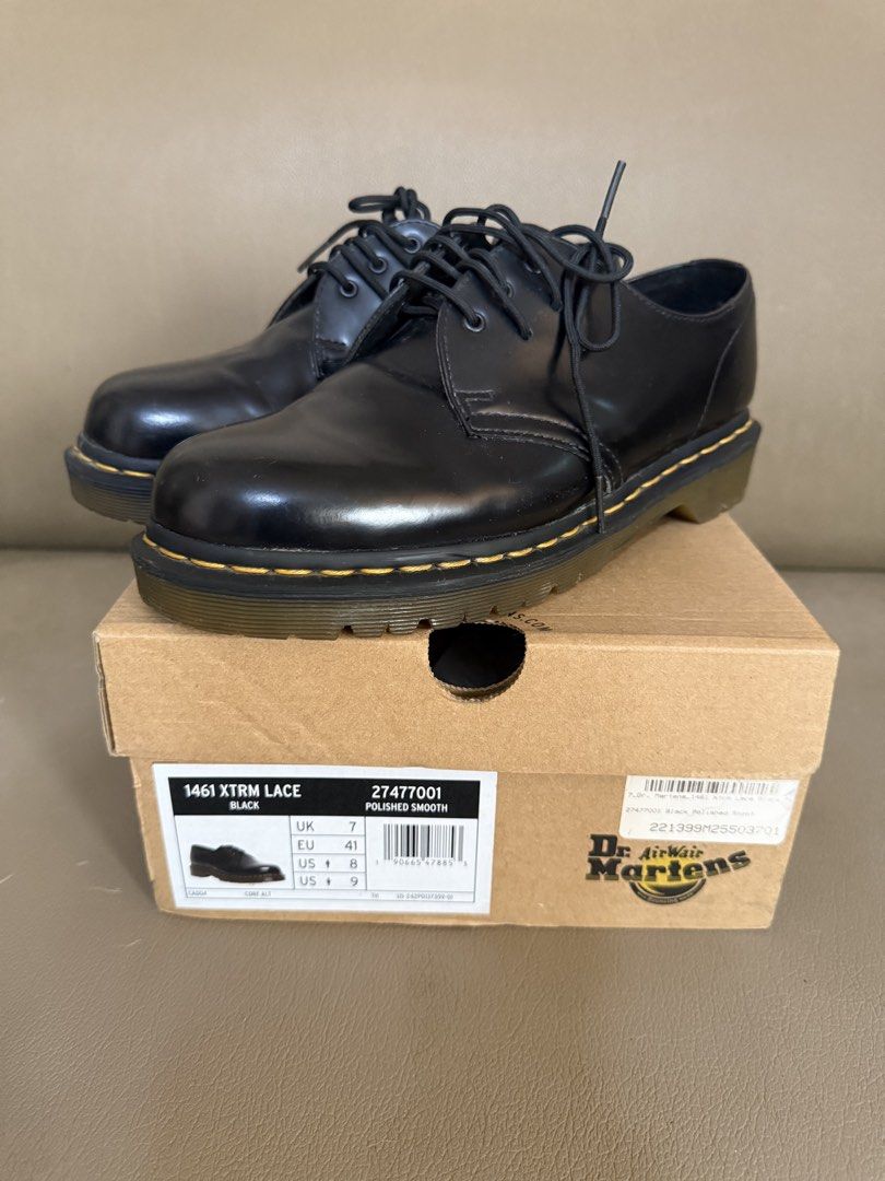 Dr. Martens 1461 Xtrm Lace Black (Category: Casual Shoes) located in Manila. Submitted by aloboy20 (Listing ID 1465264899, Image 2). Description: - Brand: Dr. Martens - Model: 1461 Xtrm Lace - Color: Black Polished Smooth Leather - Size: UK 7 / EU 41 / US Men's 8 / US Women's 9 - Condition: Good as new - Details: Classic yellow welt stitching, chunky platform sole with grooved edges - Complete with box. Not thrifted 4k only Qc meet ups.