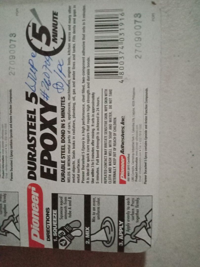 Durasteel 5 epoxy (Category: Looking For) located in Manila. Submitted by carlyn5 (Listing ID 1465704775, Image 2). Description: pioneer durasteel 5 epoxy 15gms bonds in 5 minutes.