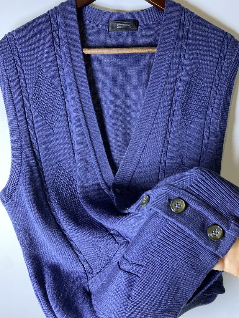 Dusty blue cable knit vest (Category: Others Tops) located in Makati City. Submitted by indaysukaycloset (Listing ID 1465647774, Image 3). Description: DUSTY BLUE CABLE KNIT VEST - Size LL Brand: Crystal Baller / Japan Brand (tag: C... LL) Size: LL on tag - Fits L-XL Color: Dusty Blue / Periwinkle Blue Details: - V-neck button-down sweater vest - Front 5-button closure - Cable knit + diamond pattern details on front - 2 front pockets with ribbed 