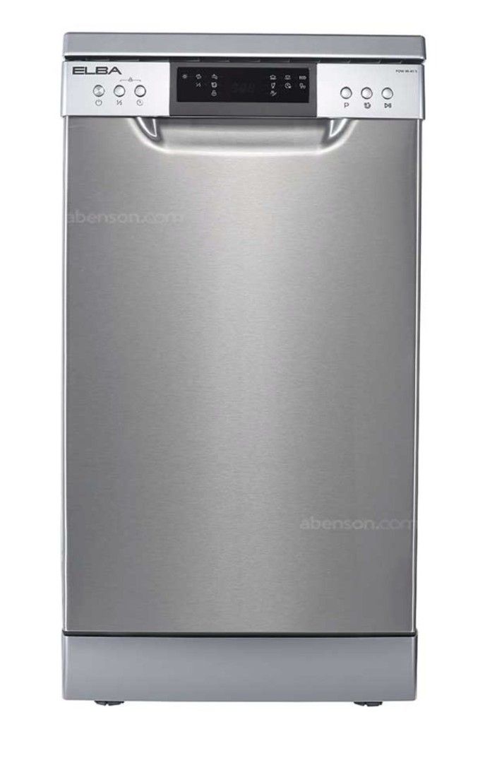 Elba 45cm Free Standing Dishwasher (Category: Dishwasher) located in Makati City. Submitted by catfs (Listing ID 1465654810, Image 1). Description: - Model: Elba FDW99 45S Freestanding Dishwasher (Silver) - Space-saving slim 45cm width, ideal for compact kitchens - 9 place settings capacity with 2 pull-out wire racks and a cutlery basket - User-friendly digital control panel with multiple wash programs - Clean interior - Previously installed unde