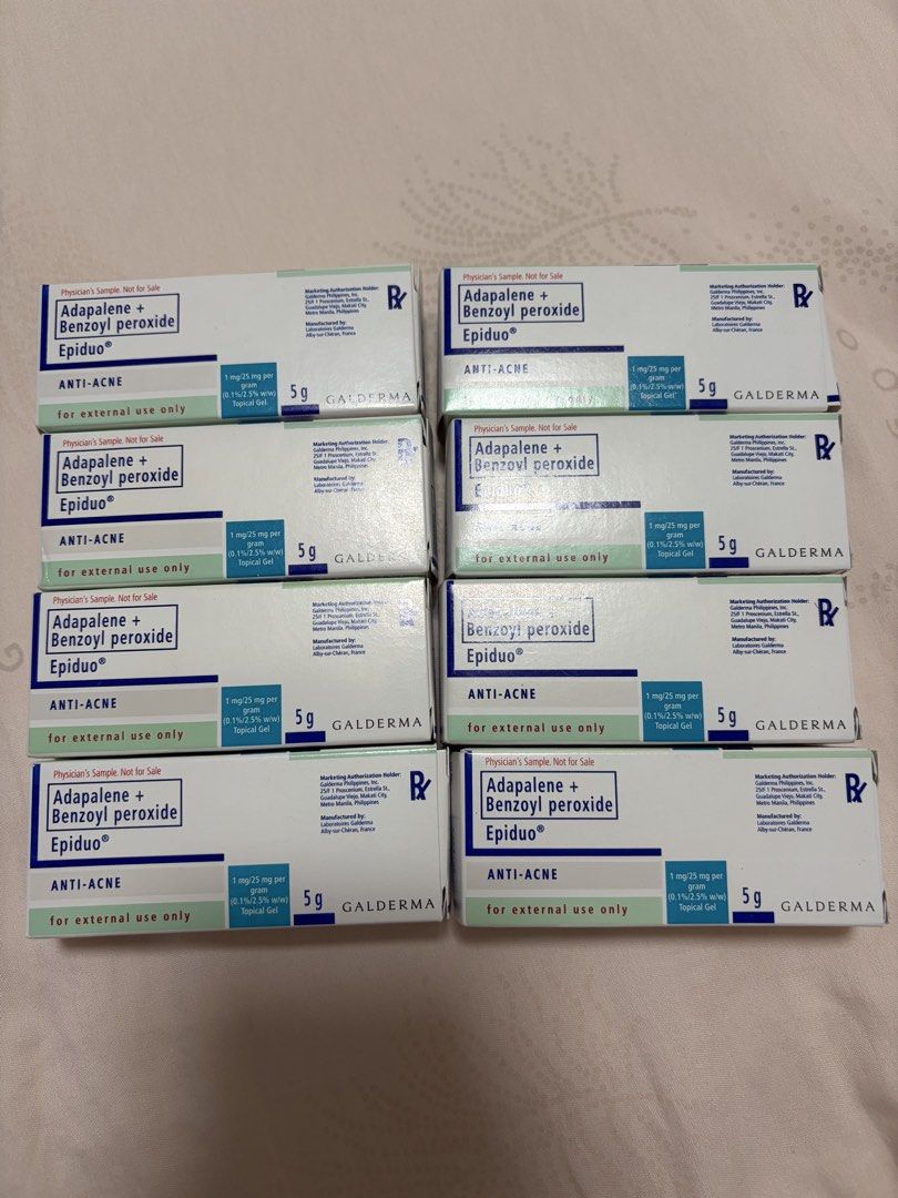 Epiduo 5g (Category: Face Care) located in Manila. Submitted by blueivy. (Listing ID 1465759509, Image 1). Description: - Product: Epiduo Gel (8 boxes total) - Size: 5g per tube - Active Ingredients: Adapalene 0.1% and Benzoyl Peroxide 2.5% - Condition: Brand new, unused -Expiry: March 2027.