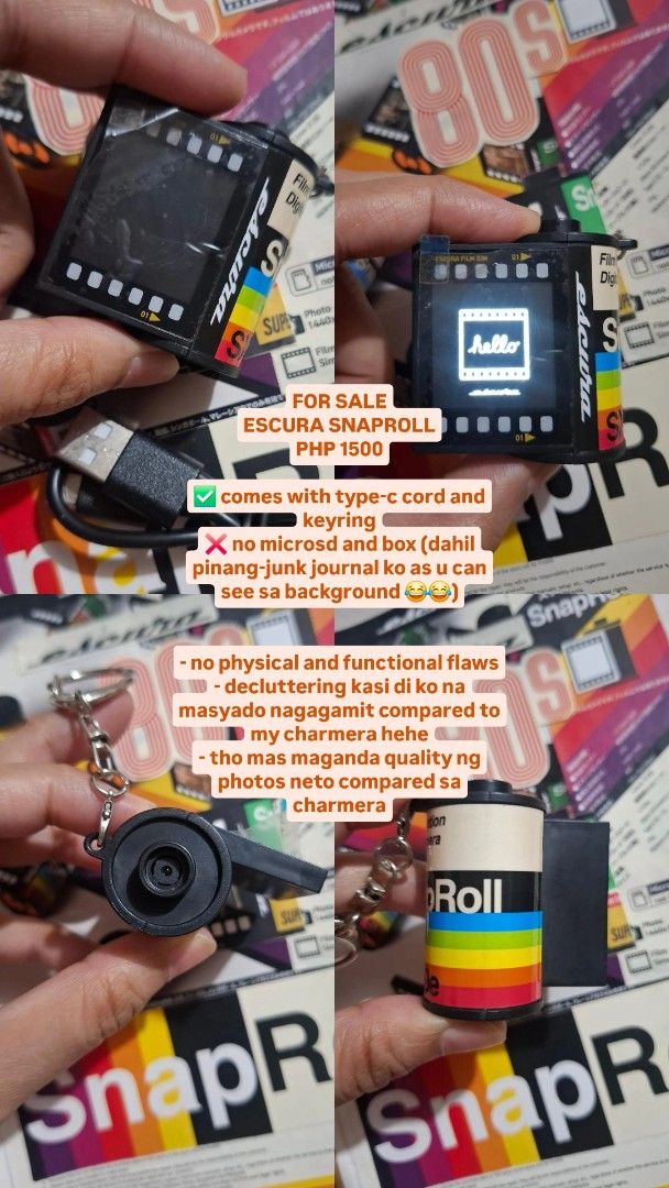 Escura Snaproll Digital Camera Keychain (Category: Cameras) located in Cainta. Submitted by itsbeyoungkuh (Listing ID 1465667210, Image 1). Description: - Model: Escura SnapRoll - Condition: Like new, no physical or functional flaws - ✅️ Inclusions: Type-C charging cord and attached keyring - ❌️ Exclusions: MicroSD card and original box are not included - Reason for selling: Decluttering and barely used.