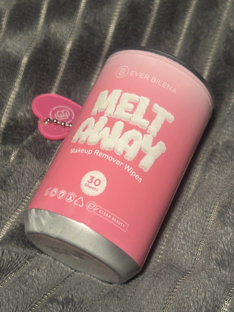 Ever Bilena Melt Away Makeup Remover Wipes (Category: Face Care) located in Quezon City. Submitted by jules.18 (Listing ID 1465687752, Image 1). Description: Sis! Selling this super cute Ever Bilena Melt Away Makeup Remover Wipes in a pink can (30 sheets). It's totally brand new and unused! Plus, it comes with a matching pink heart keychain—so aesthetic for your vanity or makeup bag. Vegan and clean beauty certified pa! Perfect for easy makeup re