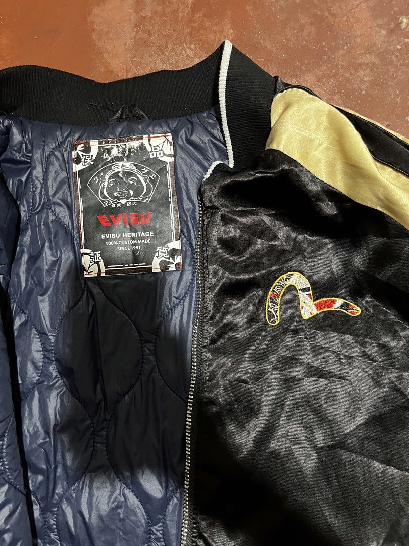 EVISU Koi embroidered back hit, 100% satin (Category: Coats, Jackets and Outerwear) located in Caloocan City. Submitted by ajaxx_ (Listing ID 1465621433, Image 3). Description: W 26 L 32 Good as new pa yan .