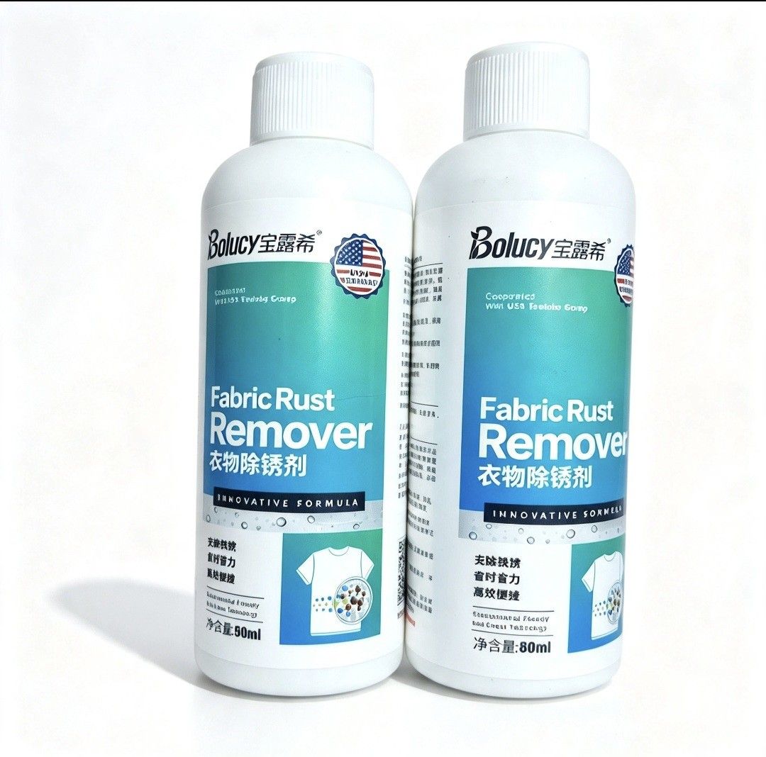 Fabric Rust Remover - sold per pc (Category: Cleaning Tools & Supplies) located in Quezon City. Submitted by ana-chan (Listing ID 1465696893, Image 1). Description: - Product: Bolucy Fabric Rust Remover - Size: 80ml handy white bottle - Formula: Innovative solution for tough rust stains on clothes and fabrics - Details: Clear English and Chinese labels with easy usage instructions on the back - Expiry: Printed near the bottom of the bottle - Perf