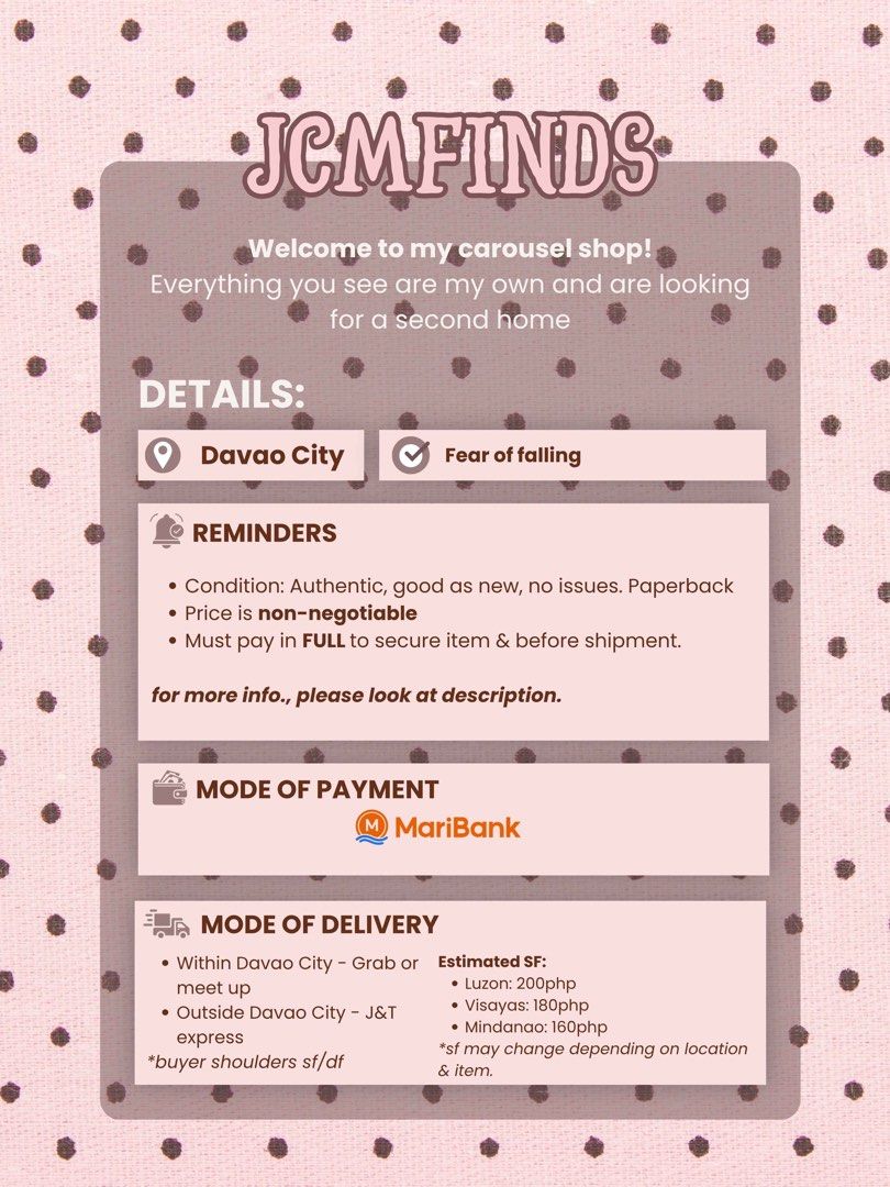 Fear of Falling by Cath Staincliffe (Category: Storybooks) located in Davao. Submitted by jcmfinds (Listing ID 1438130001, Image 3). Description: ‼️ PLS READ THE PICTURES & DESCRIPTION BEFORE MESSAGING ‼️ 📌 Item is available unless it is labeled as reserved or sold 📌 The shipping fee is expensive because I am not a business, just a girl selling her beloved items. In addition, it’s also because of the dimension and weight of the item to ensure t