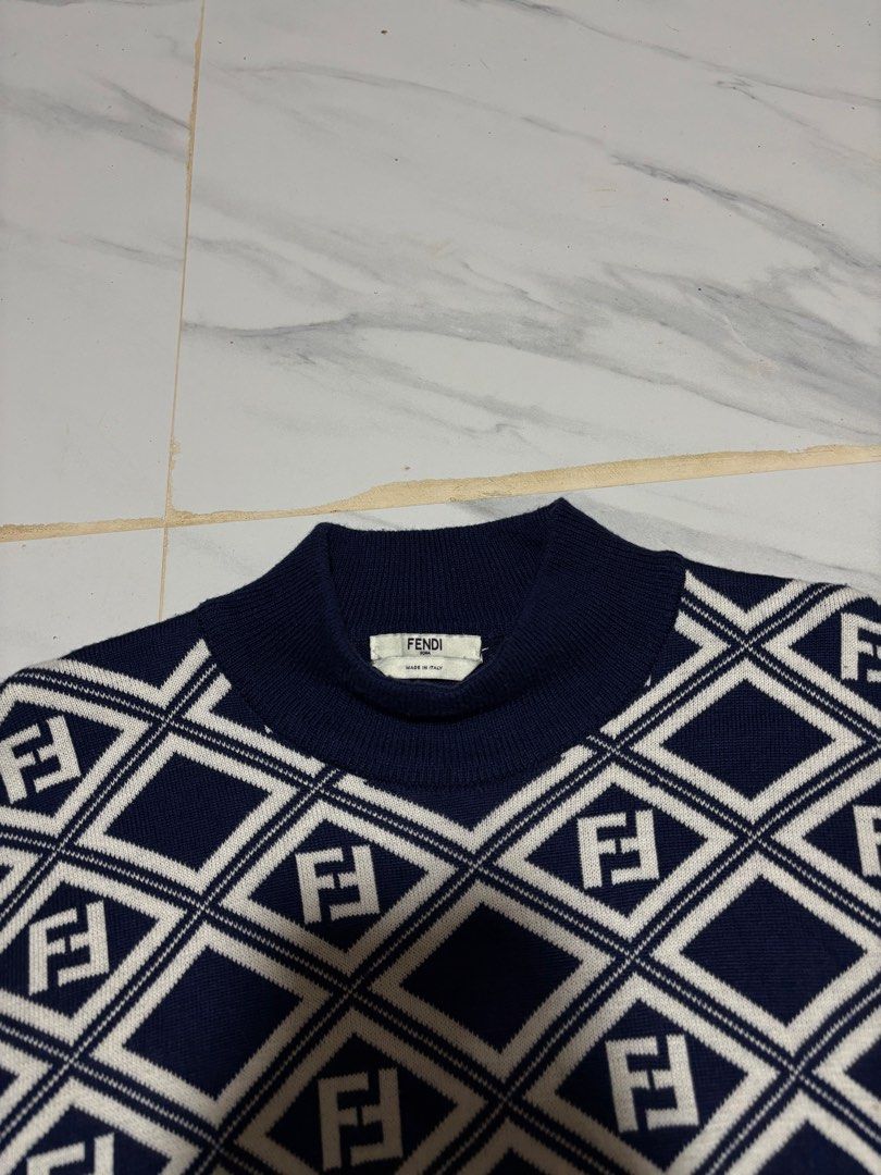 Fendi Navy Blue Monogram Diamond Knit Sweater (Category: Longsleeves) located in Baguio. Submitted by thriftedbaguio (Listing ID 1465671567, Image 3). Description: Excellent Condition Size Medium Tagged Dimensions 21*27 Color rate 10.