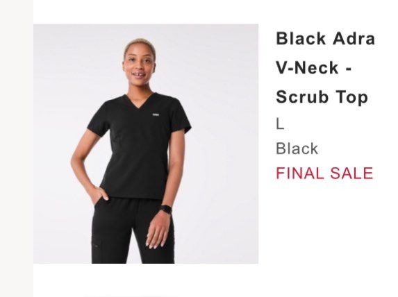 FIGS Adra V-Neck Scrub Top Black Size L (Category: Activewear) located in Manila. Submitted by lg1023 (Listing ID 1465656194, Image 1). Description: - Brand: FIGS - Style: Adra V-Neck Scrub Top - Color: Classic Black - Size: Large - Features: Flattering V-neck cut and convenient front pockets - Condition: Clean and well-maintained - Perfect for daily healthcare use.