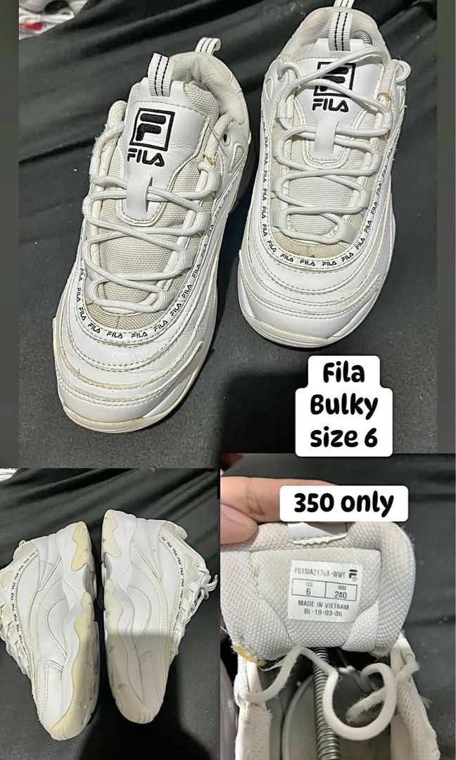 Fila Bulky White Sneakers Size 6 (Category: Sneakers) located in Manila. Submitted by kiyanna.preloved (Listing ID 1465699580, Image 1). Description: - Brand: Fila - Style: Chunky/bulky sneakers with logo taping along the upper - Size: US 6 / MM 240 - Origin: Made in Vietnam - Model: FS1SIA2170X-WWT - Price: ₱350 only.