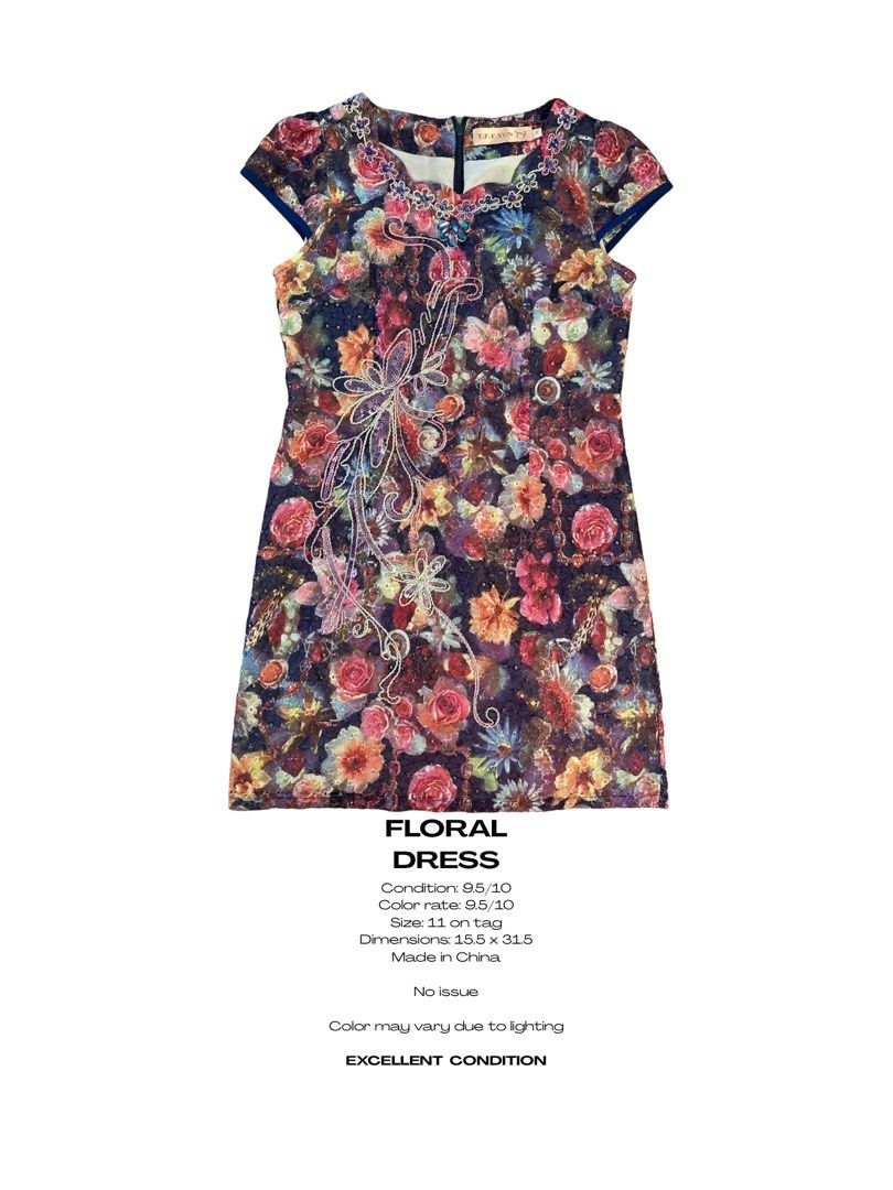 FLORAL DRESS (Category: Dresses) located in Magarao. Submitted by chalkzone20 (Listing ID 1465651520, Image 1). Description: FLORAL DRESS Size: 11 on tag Condition: 9.5/10 Color rate: 9.5/10 Excellent condition Made in China Dimensions: 15.5 x 31.5.