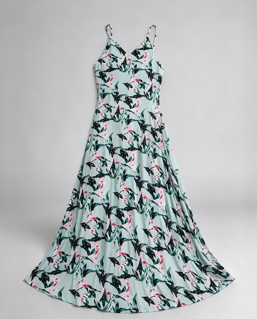 Floral spaghetti strap MAXI dress mint green (Category: Dresses) located in Legazpi City. Submitted by riris.unique.finds (Listing ID 1465670116, Image 1). Description: Mint green maxi dress with delicate pink and dark green floral print all over. V-neckline with thin spaghetti straps. Flowy, lightweight fabric with a lovely drape. Floor-length design, great for warm weather or casual outings. Pullover style, unlined..