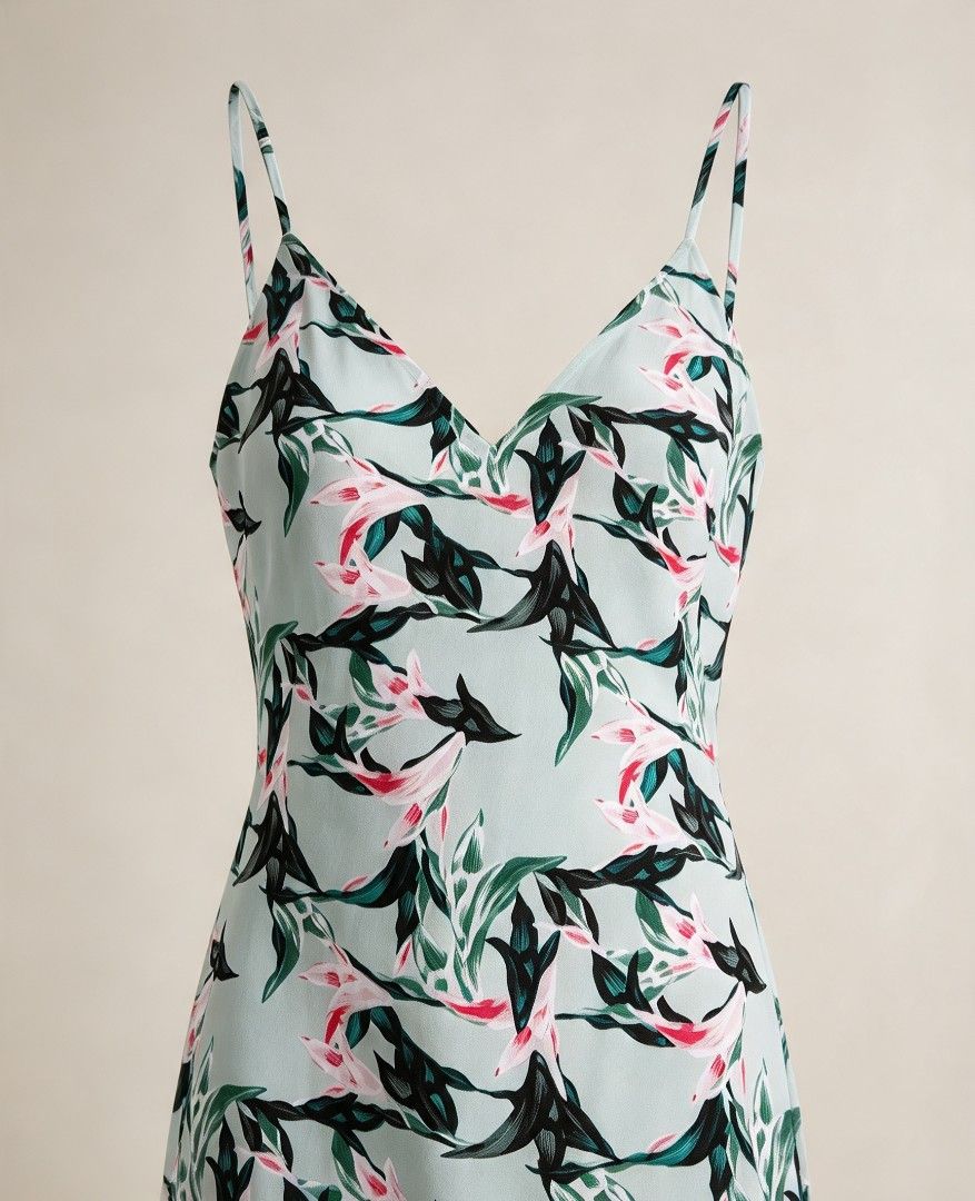 Floral spaghetti strap MAXI dress mint green (Category: Dresses) located in Legazpi City. Submitted by riris.unique.finds (Listing ID 1465670116, Image 3). Description: Mint green maxi dress with delicate pink and dark green floral print all over. V-neckline with thin spaghetti straps. Flowy, lightweight fabric with a lovely drape. Floor-length design, great for warm weather or casual outings. Pullover style, unlined..