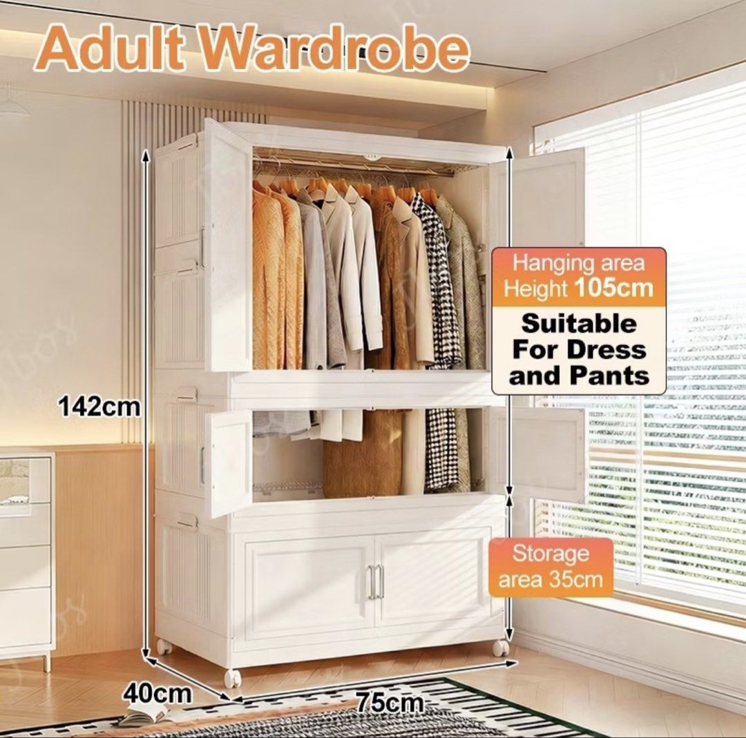 Foldable Cabinet with free Hangers (Category: Shelves, Cabinets & Racks) located in Manila. Submitted by wpfmapdl (Listing ID 1465756582, Image 2). Description: bought for 2.7k - Type: White plastic multi-tier cabinet with doors and wheels - Dimensions: 75cm wide x 40cm deep x 142cm tall - Hanging Section: 105cm high (ideal for dresses and pants) - Lower Storage: 35cm of extra storage space at the bottom - Design: Clean white finish with stylish 