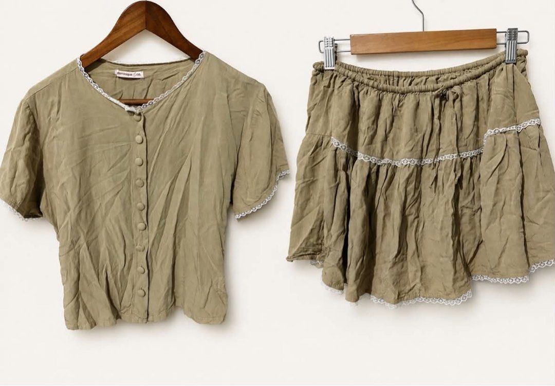 for take all 550 only / size S-L / used once (Category: Sets or Coordinates) located in San Pedro. Submitted by rysjvy19 (Listing ID 1465726135, Image 3). Description: - Light green gingham two-piece pyjama set - Short-sleeve button-down top with lapel collar, pocket, tulip embroidery, and Paris lettering - Matching trousers with a comfortable elastic waistband - Soft and lightweight cotton material - Ideal for sleeping or lounging at home.