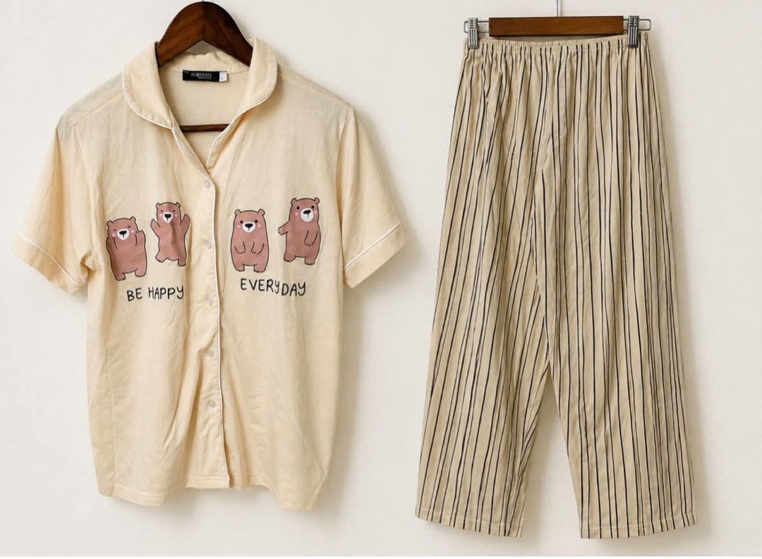 for take all 550 only / size S-L / used once (Category: Sets or Coordinates) located in San Pedro. Submitted by rysjvy19 (Listing ID 1465726135, Image 2). Description: - Light green gingham two-piece pyjama set - Short-sleeve button-down top with lapel collar, pocket, tulip embroidery, and Paris lettering - Matching trousers with a comfortable elastic waistband - Soft and lightweight cotton material - Ideal for sleeping or lounging at home.