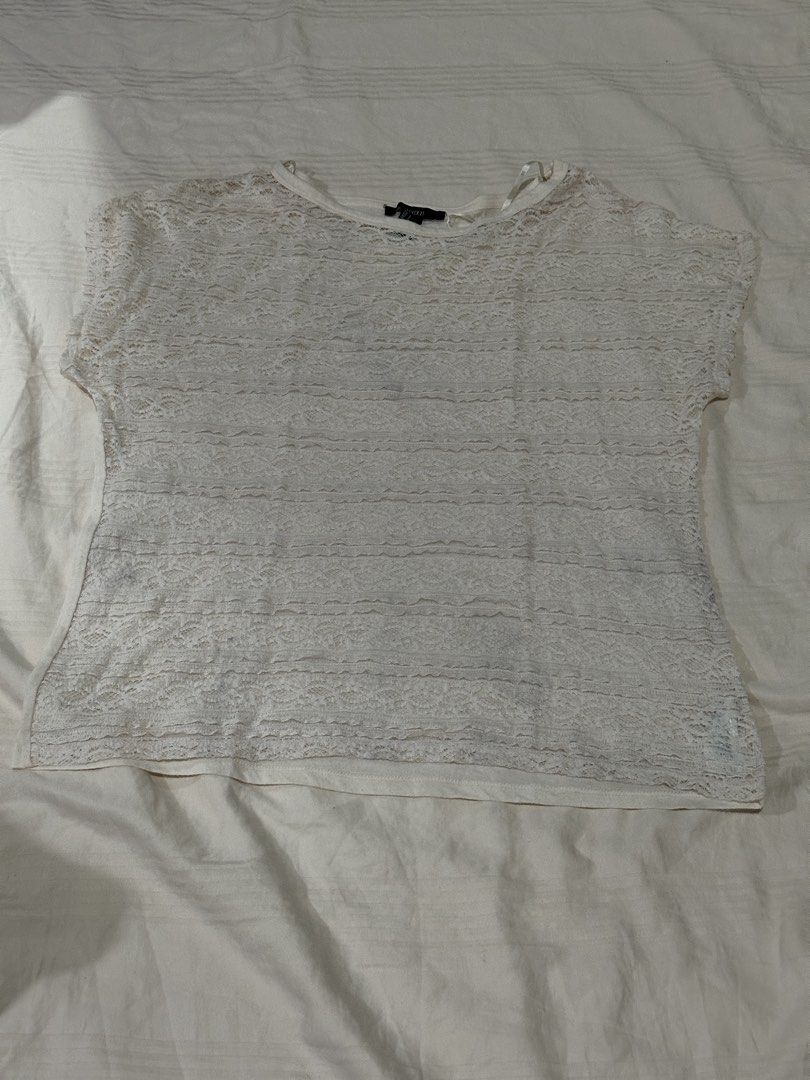 Forever 21 Light Pink Lace Short Sleeve Top (Category: Blouses) located in Quezon City. Submitted by gentle_le (Listing ID 1465650130, Image 1). Description: Front: see-through lace pattern Back: solid Original price: ₱900+ .