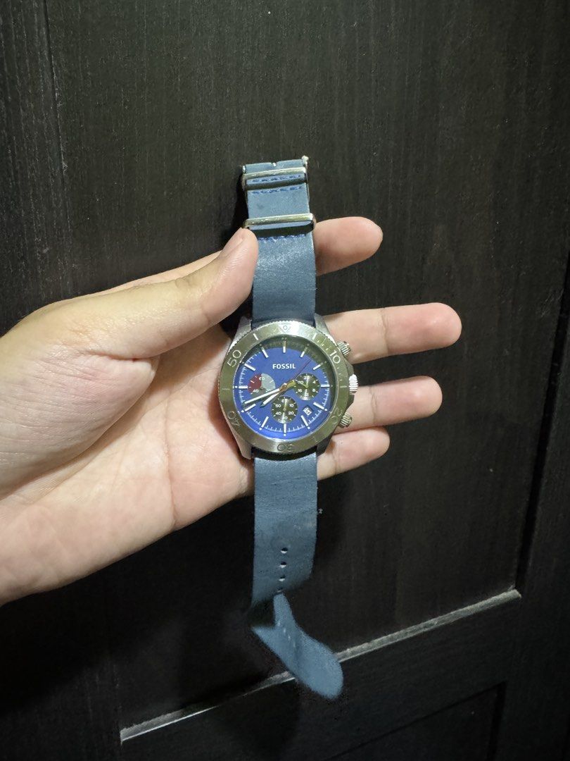 Fossil Blue Chronograph Watch CH2893 (Category: Men's Watches) located in Manila. Submitted by pierce_120 (Listing ID 1465677102, Image 1). Description: - Brand: Fossil - Dial: Striking blue dial with multiple sub-dials and date window - Bezel & Case: Silver-tone stainless steel case with 10ATM water resistance - Strap: 22mm blue genuine leather strap - Style: Casual everyday chronograph watch - Condition: Excellent, well-maintained - Shipping: F