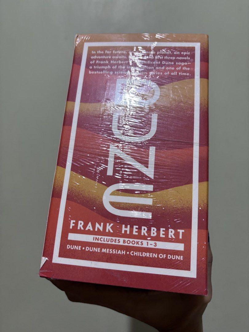 Frank Herbert's Dune Saga Books 1-3 Box Set (Category: Storybooks) located in Tuguegarao City. Submitted by potaetonim (Listing ID 1465706779, Image 3). Description: - Brand new and sealed: Factory shrink wrap still intact - Complete 3-book set: Includes Dune, Dune Messiah, and Children of Dune - Beautiful collector's edition: Published by Ace with stunning box art and design by Jim Tierney - ISBN: 978-0-593-20189-3 - Perfect for gifting or addin