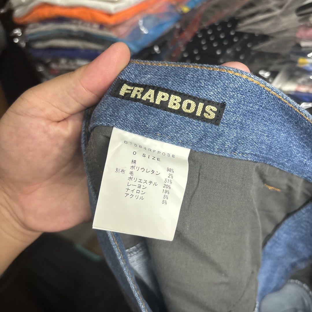 Frapbois - Denim and Wool Patchwork Shorts (Category: Shorts) located in Cavite. Submitted by goodstayojan.cvt (Listing ID 1465720321, Image 3). Description: Frapbois - Wool Denim Dropcrotch Shorts 0 on tag(14.5 x 26) Verygood-Excellent Condition No flaws - Brand: Frapbois (Japanese streetwear) - Material: Blue denim mixed with grey wool panels - Design: Unique hybrid patchwork style with large front pockets and pleated back detail - Closure: But