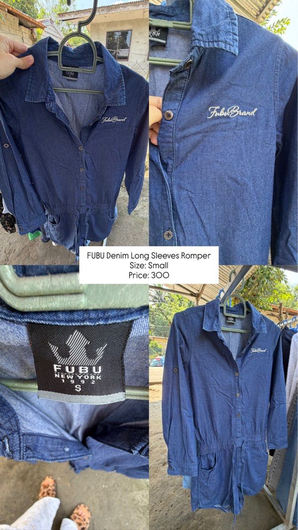 FUBU Denim Long Sleeves Romper Small (Category: Rompers) located in Manila. Submitted by rejjjjjjj13 (Listing ID 1465654659, Image 1). Description: - Brand: FUBU - Style: Long sleeve denim romper / jumpsuit - Size: Small - Color/Wash: Dark wash - Details: Button-up front, classic collar, embroidered chest logo - Fit: Adjustable drawstring waist - Pockets: Two chest pockets and functional side pockets.