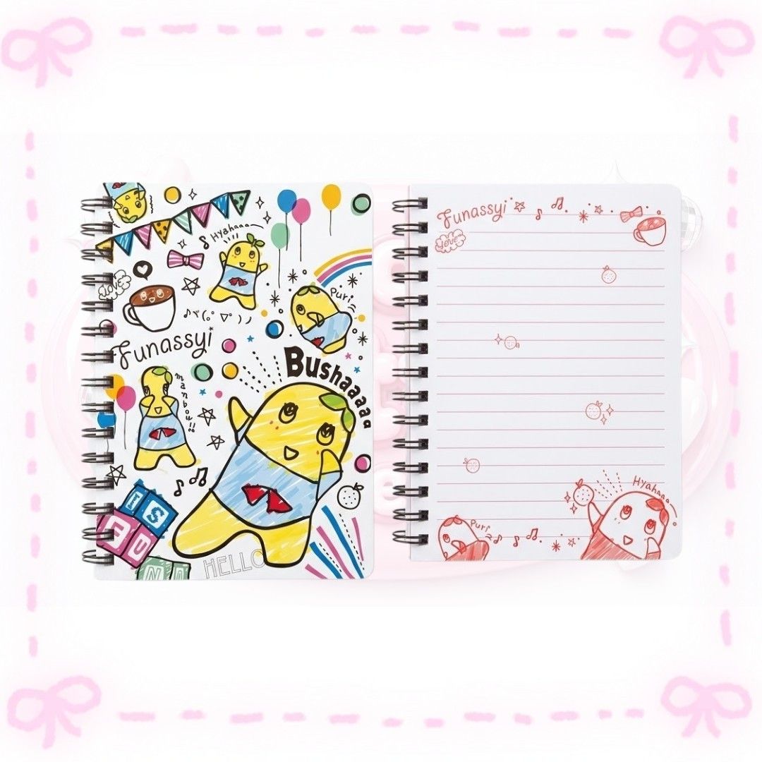 Funassyi Japanese Character Spiral Notebook (Category: Stationery & School Supplies) located in Sorsogon. Submitted by mitchelle0425 (Listing ID 1465614677, Image 1). Description: - Authentic Funassyi spiral notebook with a colorful character cover - Fun kawaii design featuring adorable illustrations throughout - Left page includes playful doodles - Right page features lined paper decorated with tiny Funassyi graphics and musical notes - Great fo