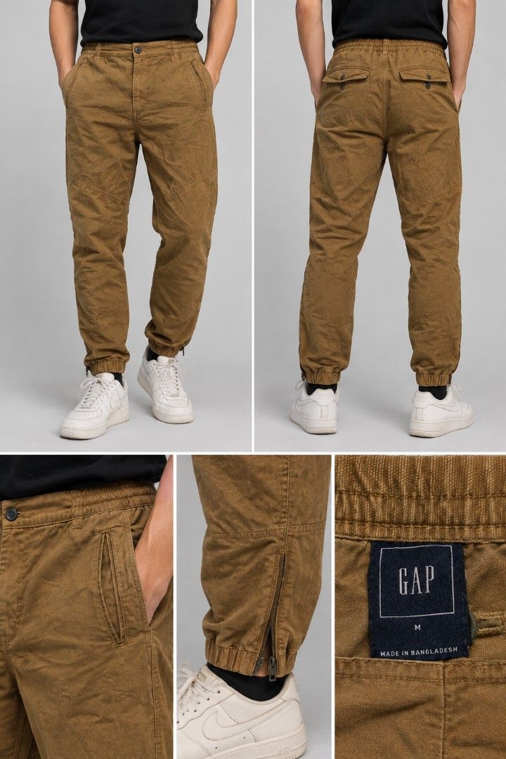 Gap Brown Jogger Pants Size M (Category: Joggers) located in Abucay. Submitted by ukay_withdj (Listing ID 1465602907, Image 3). Description: - Brand: Gap - Item: Brown jogger pants - Size: Medium - Origin: Made in Bangladesh - Waistband: Elastic with secure button closure - Pockets: Slanted side pockets and back buttoned pockets - Details: Paneled knee detailing and stylish zipped ankle cuffs - Fit: Comfortable fit, perfect for casual wear.