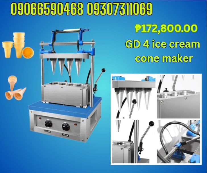 GD-4 ICE Cone Maker Machine (Category: Looking For) located in Cebu City. Submitted by ultimateni42771 (Listing ID 1465639027, Image 1). Description: Number 4 Capacity(pc s/h) 100-120 Baking time 1-2min Power 2.4kw Voltage 220v Size(mm) 530×430×650 Packing size(mm) 570×520×770 NW(kg) 80 GWkg) 95 PRICE Php172,800 ✅ Quality products ✅ Big discount for bulk orders ✅ 100% LEGIT TRUSTED SUPPLIER! ✅ With Complete Legal Documents ✅ BIR Registered ☎️ For