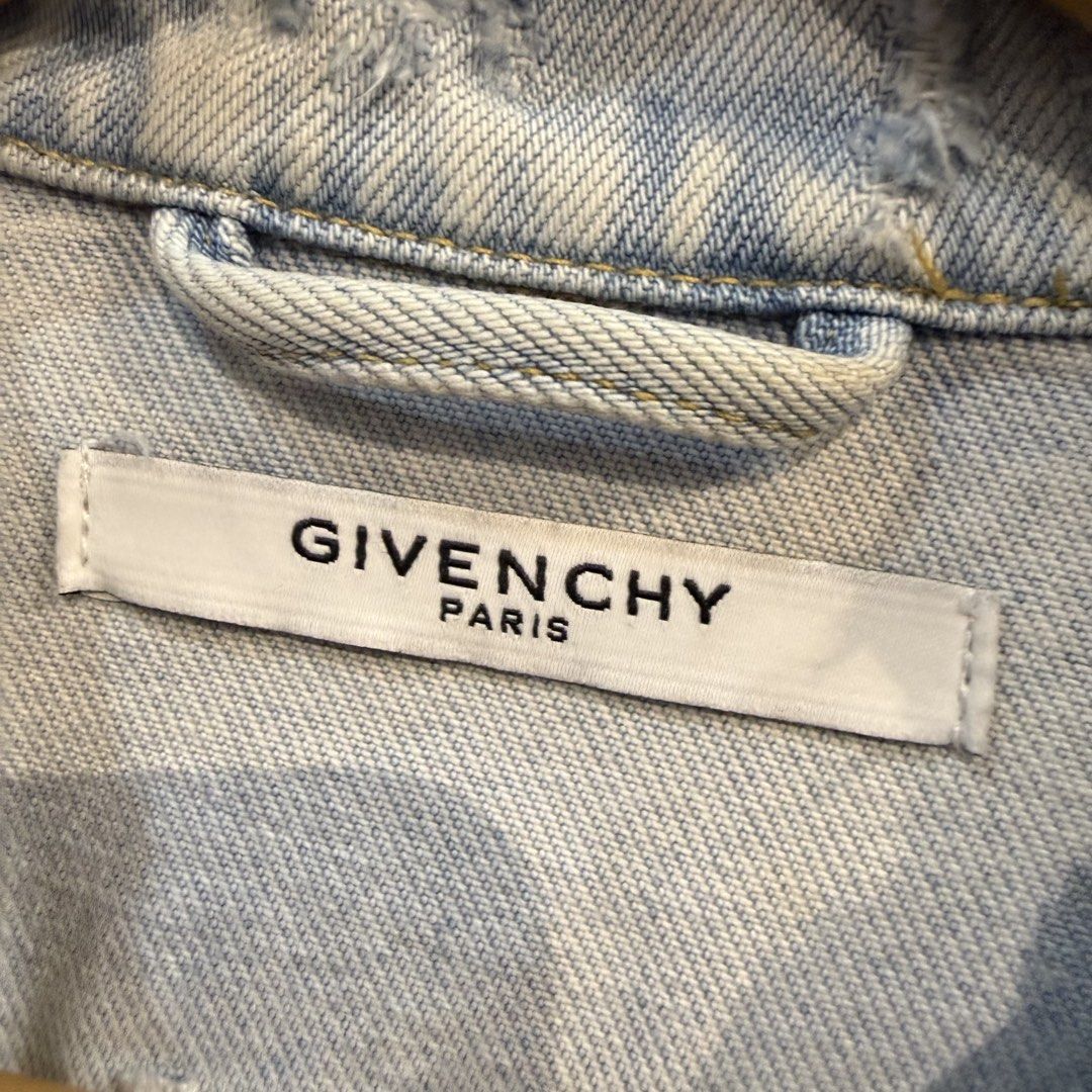 Givenchy Paris Distressed Light Wash Denim Cuban Fit Jacket (Category: Coats, Jackets and Outerwear) located in Manila. Submitted by carbungcoalex (Listing ID 1465742118, Image 3). Description: GIVENCHY DISTRESS DENIM JACKET 20 by 25 Good Condition Complete tags missing button 2K CLAIM.