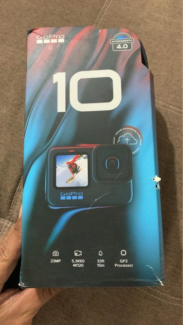 GoPro HERO10 Black with Case and Accessories Bundle (Category: Cameras) located in Zamboanga. Submitted by lykamas7599933 (Listing ID 1465727062, Image 3). Description: - Model: GoPro Hero 10 Black with powerful GP2 processor - Video & Photo: Records in 5.3K60 and 4K120 resolution, captures 23MP photos - Durability: Waterproof down to 33 feet - Complete Bundle: Includes original box, protective housing case, portable storage case, selfie stick tr