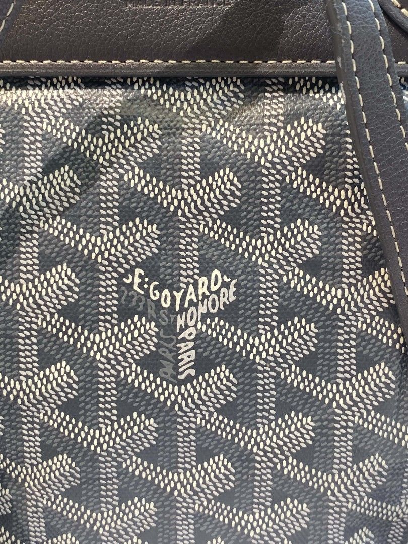 Goyard Alpin Mini Backpack (Category: Backpacks) located in Tanay. Submitted by micvalcorza (Listing ID 1465738088, Image 3). Description: - Alpin Mini grey Goyard coated canvas and leather backpack - Iconic signature chevron print throughout - Secure flap top closure with metal buckle and drawstring - Comfortable adjustable leather shoulder straps and top grab handle - Premium silver-tone hardware stamped with Goyard - Debossed logo detail near 