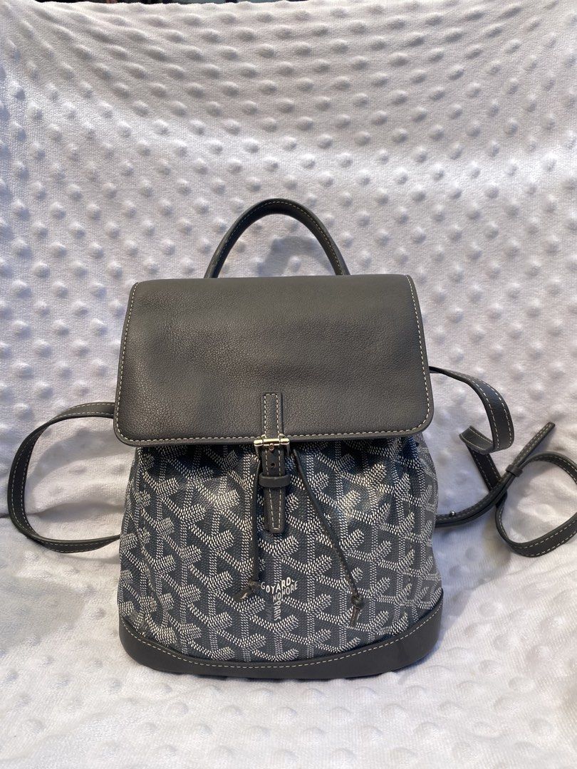 Goyard Alpin Mini Backpack Grey (Category: Backpacks) located in Tanay. Submitted by judevalcorza (Listing ID 1465588645, Image 1). Description: - Goyard Alpin Mini Backpack in timeless grey - Iconic chevron canvas with premium leather trim and embossed Goyard Paris stamp - Convertible multi-way design: adjustable straps hook onto the top ring for backpack, shoulder, or crossbody wear - Secure top flap with buckle closure and inner drawstring top