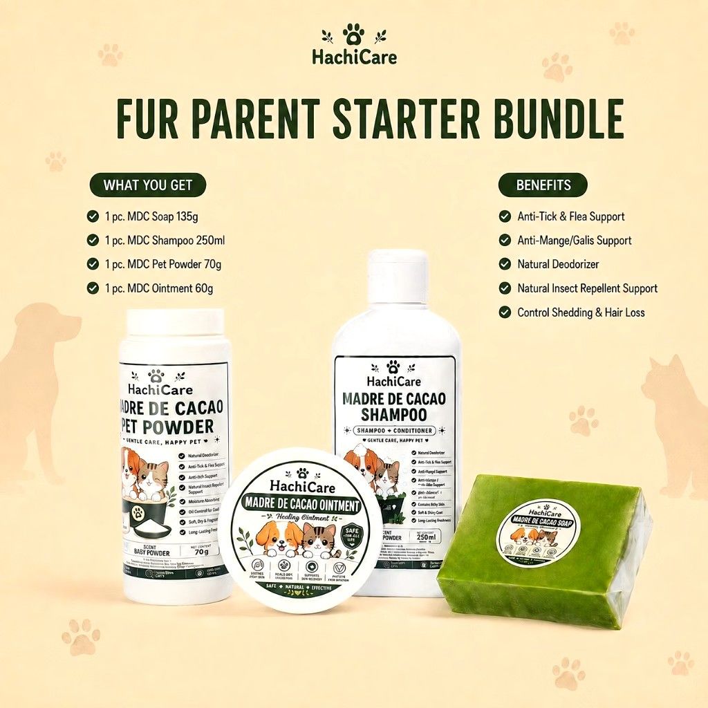 HachiCare Fur Parent Starter Bundle Pet Grooming Set (Category: Health & Grooming) located in Manila. Submitted by musica1107 (Listing ID 1465653961, Image 1). Description: - All-in-one grooming set for dogs and cats - Includes 135g MDC soap, 250ml shampoo & conditioner, 70g pet powder, and 60g healing ointment - Formulated with natural extracts: madre de cacao, guava, moringa, neem, and acapulco - Effectively fights ticks, fleas, and mange - Soo