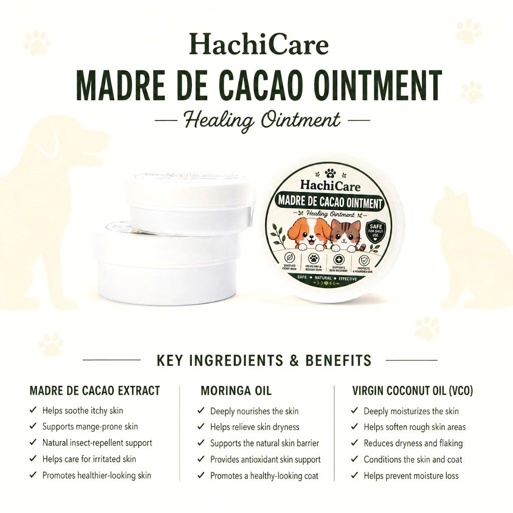 HachiCare Madre De Cacao Healing Ointment (Category: Body Care) located in Manila. Submitted by musica1107 (Listing ID 1465654515, Image 3). Description: - All-natural healing ointment specially formulated for dogs and cats - Packed with organic Madre De Cacao extract, moringa oil, virgin coconut oil, shea butter, and vitamin E - Soothes itchy skin, relieves irritation, and accelerates skin recovery - Protects and moisturizes dry, cracked paws - 