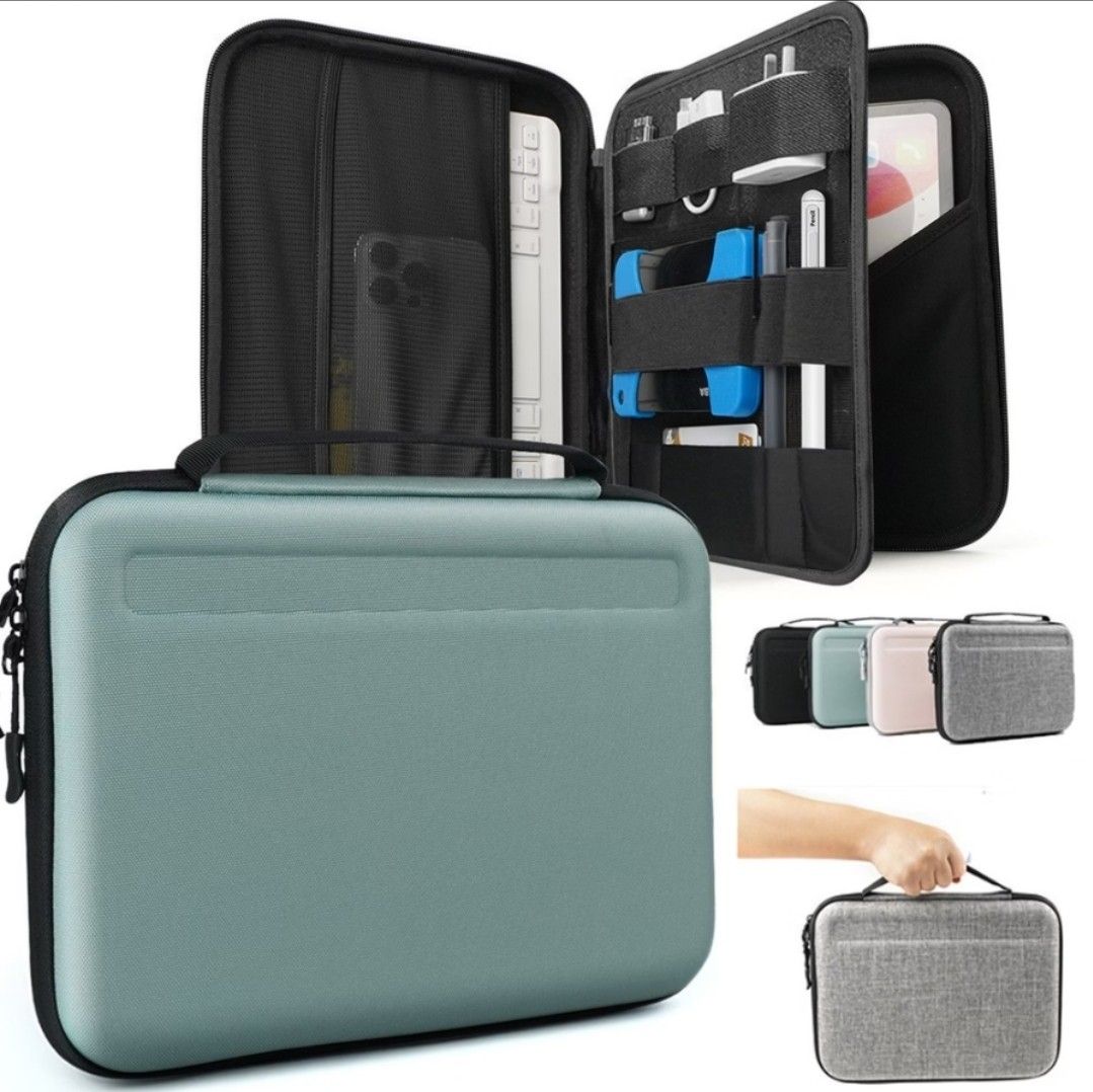 Large hard shell electronics organizer storage bag sage green (Category: Luxury Bags & Wallets) located in Navotas City. Submitted by venizianess (Listing ID 1465710339, Image 2). Description: Php249, will fit iPad Pro 12 (this ipad is 11"x8.5") - Color: Trendy sage green - Exterior: Durable hard shell with secure zipper closure and convenient top handle - Interior: Smart organization with mesh pockets and elastic bands - Storage: Dedicated compa