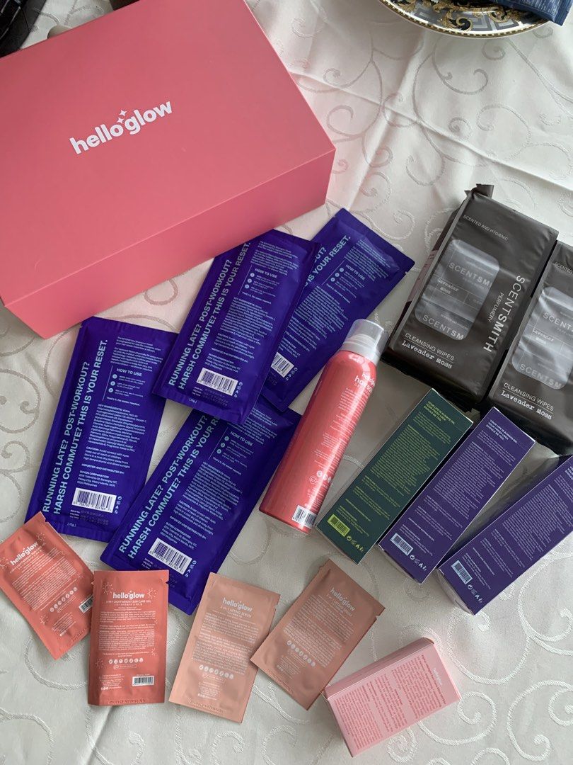 Hello Glow, Scentsmith Beauty , Dry Shampoo Bundle (Category: Face Care) located in Makati City. Submitted by fast_preloveditemsforsale (Listing ID 1465717821, Image 2). Description: Take all for ₱1800 - Glow pink box set - Hair care: Hair saver dry shampoo & B/Yond dry shampoo towels with boxes - Sun protection: Sun care gel & Sun stick - Skincare: Lifting serum - Freshness: Scentsmith cleansing wipes in lavender moss scent - All items shown in 